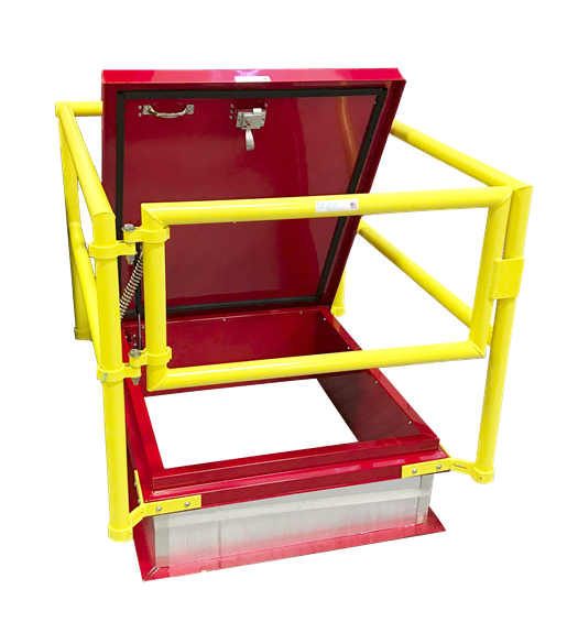 Designed with fall protection safety in mind. The highly visible yellow powder coat railing provides a safe perimeter around an open hatch.